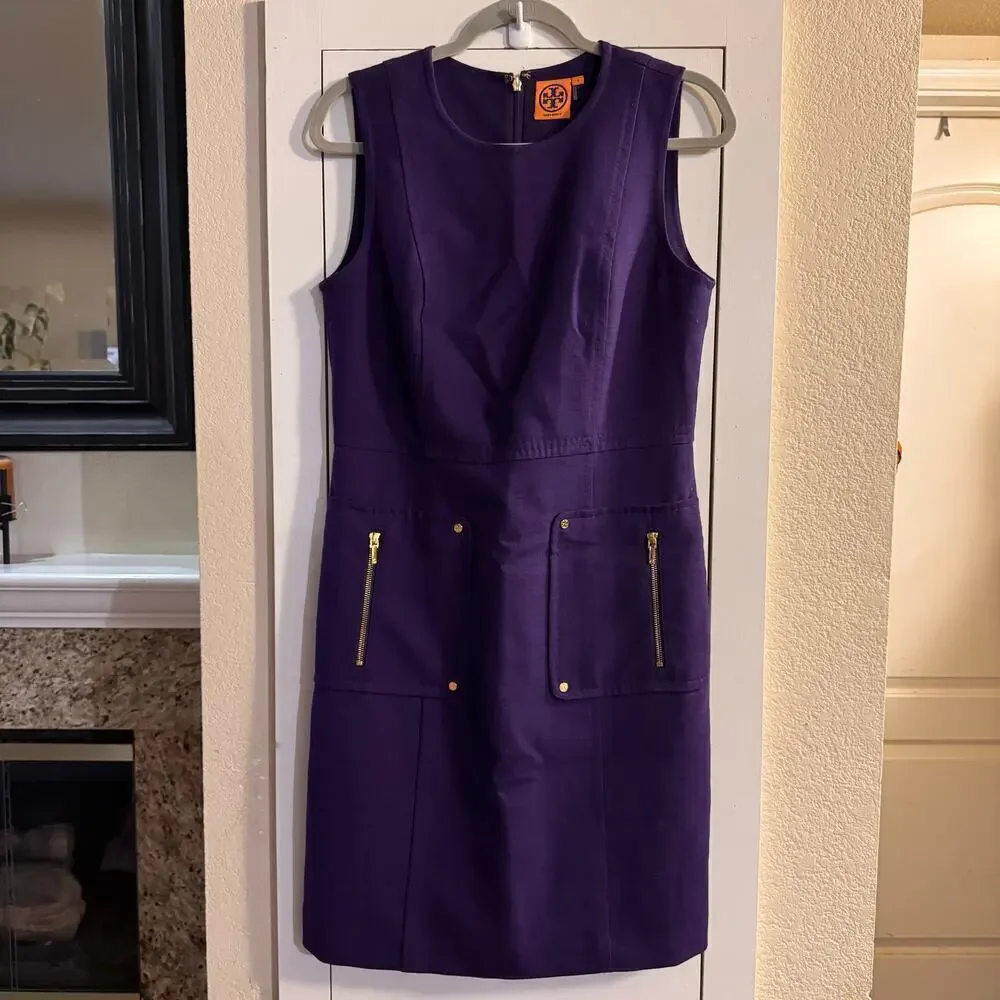 Tory Burch Petra Double-Crepe Sleeveless Sheath Wool Blend Dress Purple Size 8